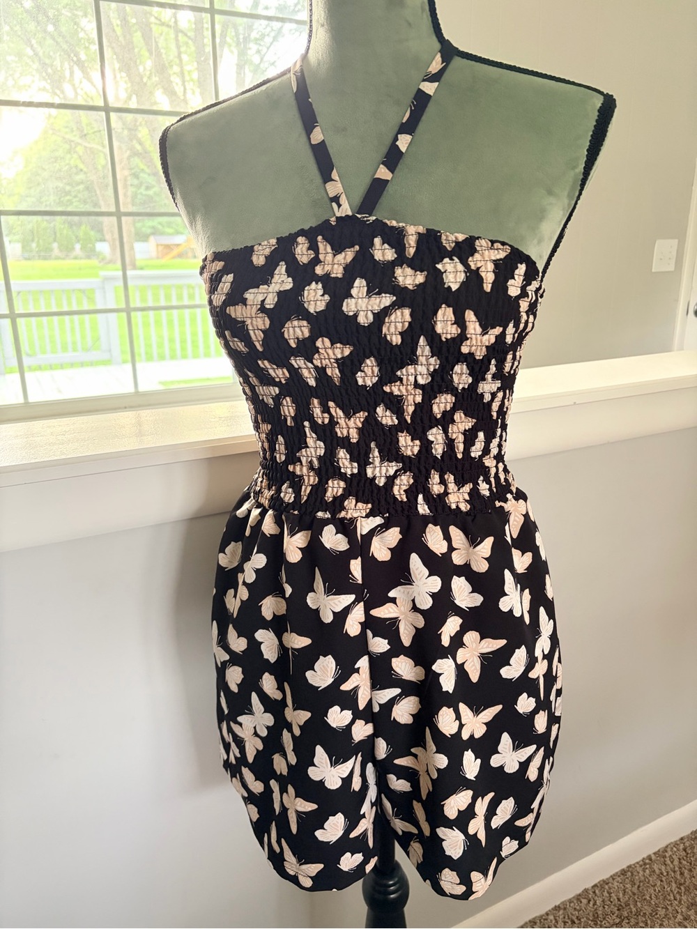 Black Romper with Cream Butterfly Print